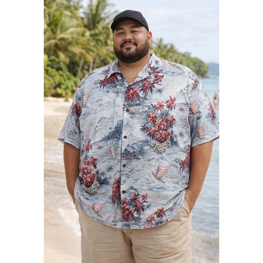 Go Barefoot‎ Hawaiian Shirt Mens 3XL Gray Red Palm Tree Sailboat Made in USA